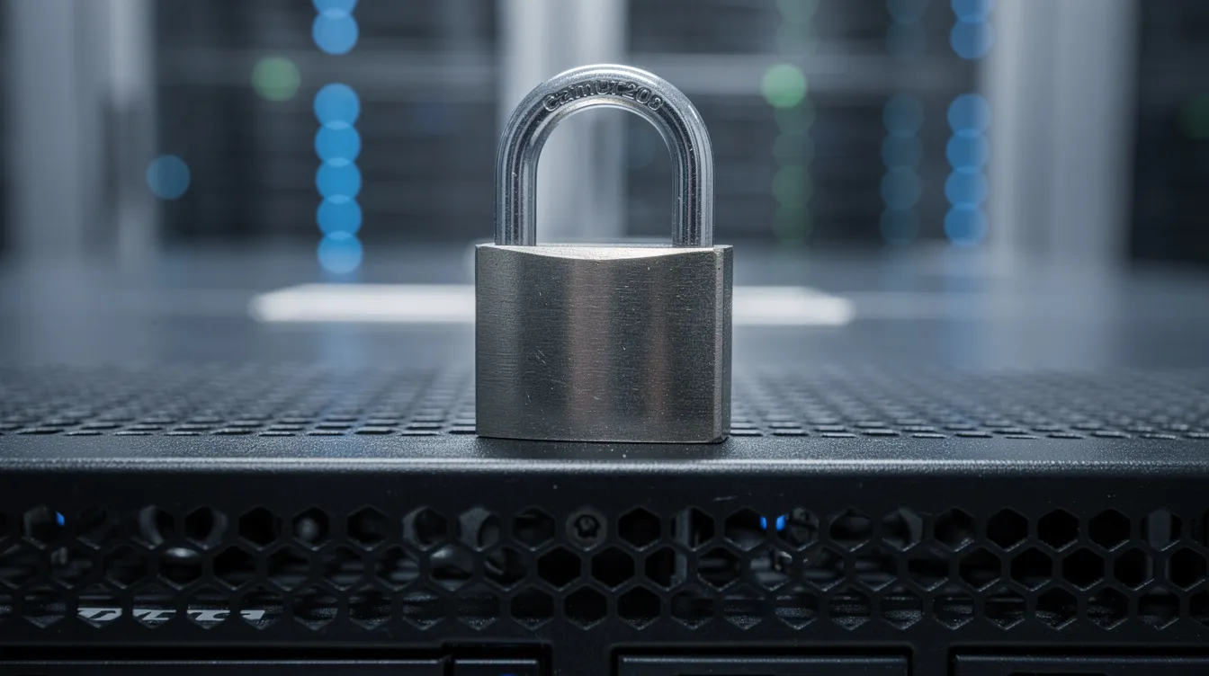 The image shows a padlock placed on top of a server rack in a data center, symbolizing security and protection for the cloud-based development environments and web apps housed within. The server rack is filled with multiple devices, emphasizing the complexity of the entire development lifecycle in a professional setting.