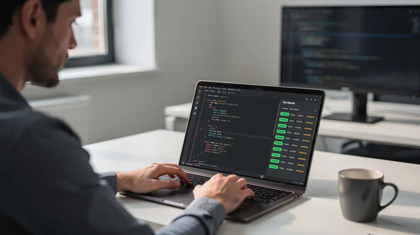 A developer reviewing code changes on a laptop