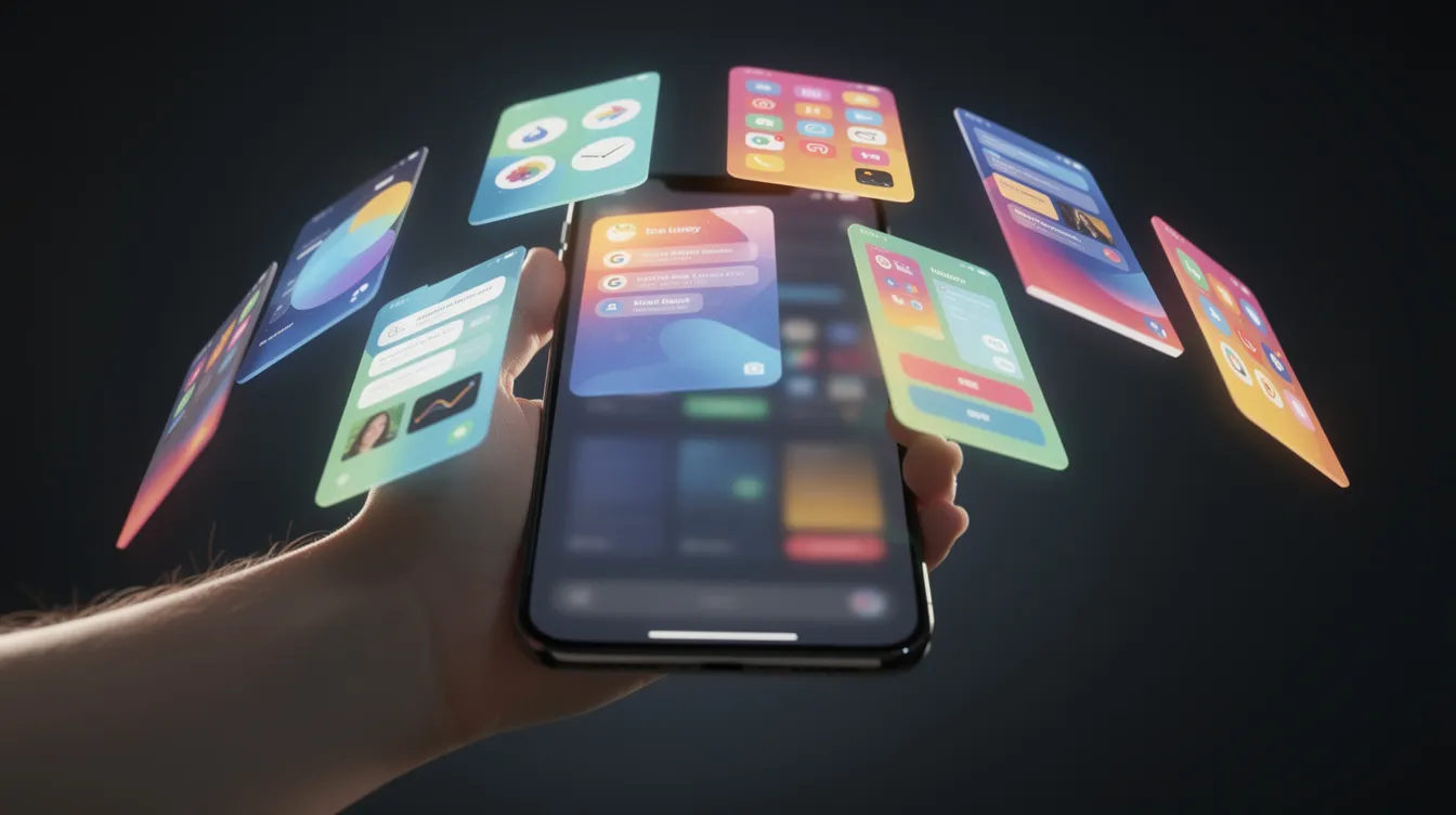 A person holding a smartphone with app screens floating above it
