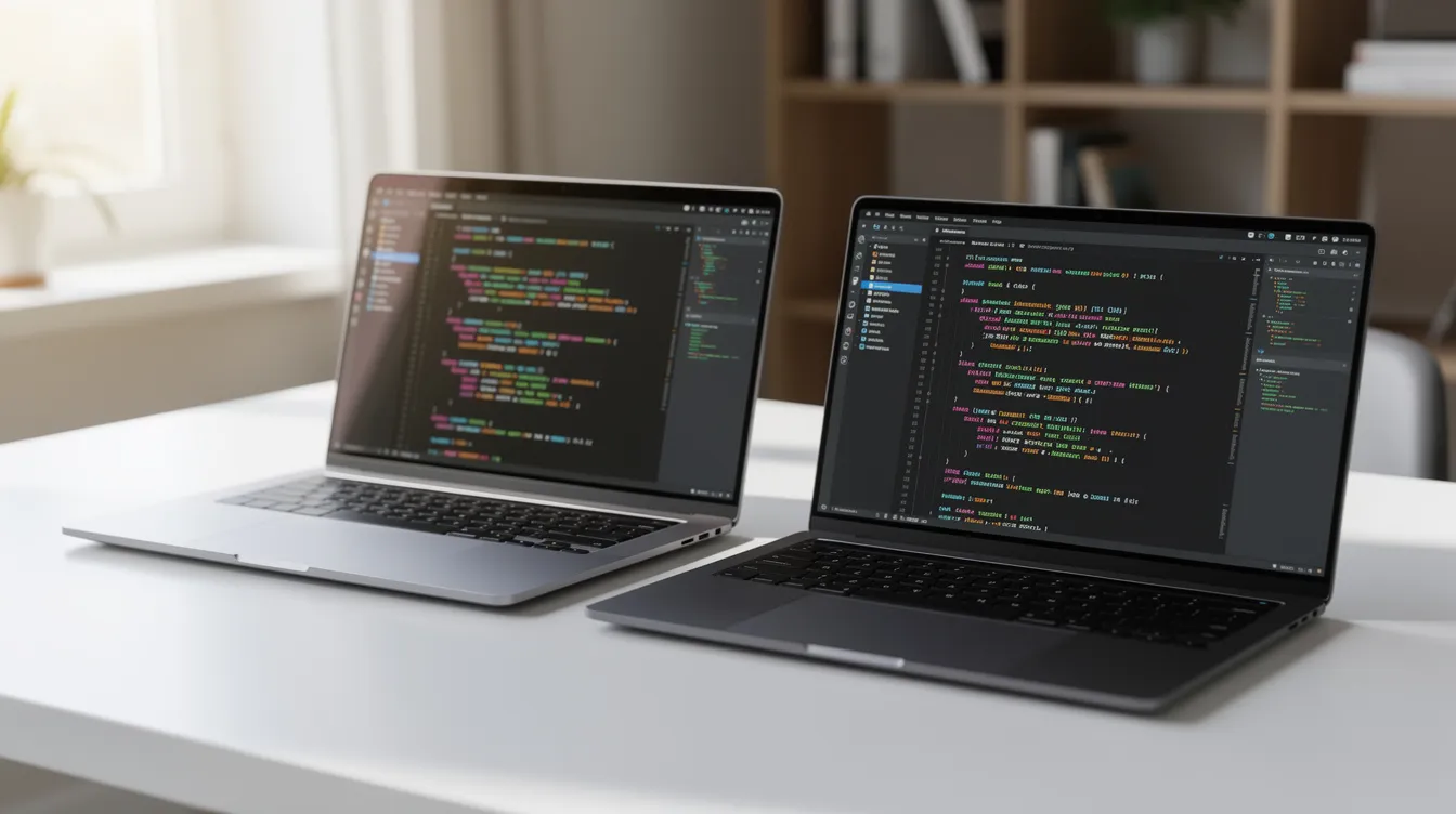 Two laptops side by side on a desk, each showing code in an editor
