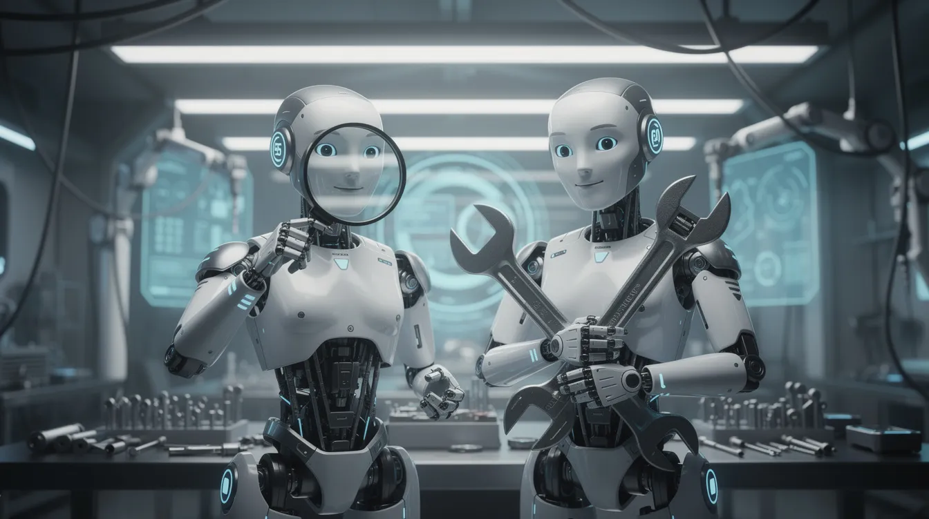 Two robot assistants side by side in a workshop