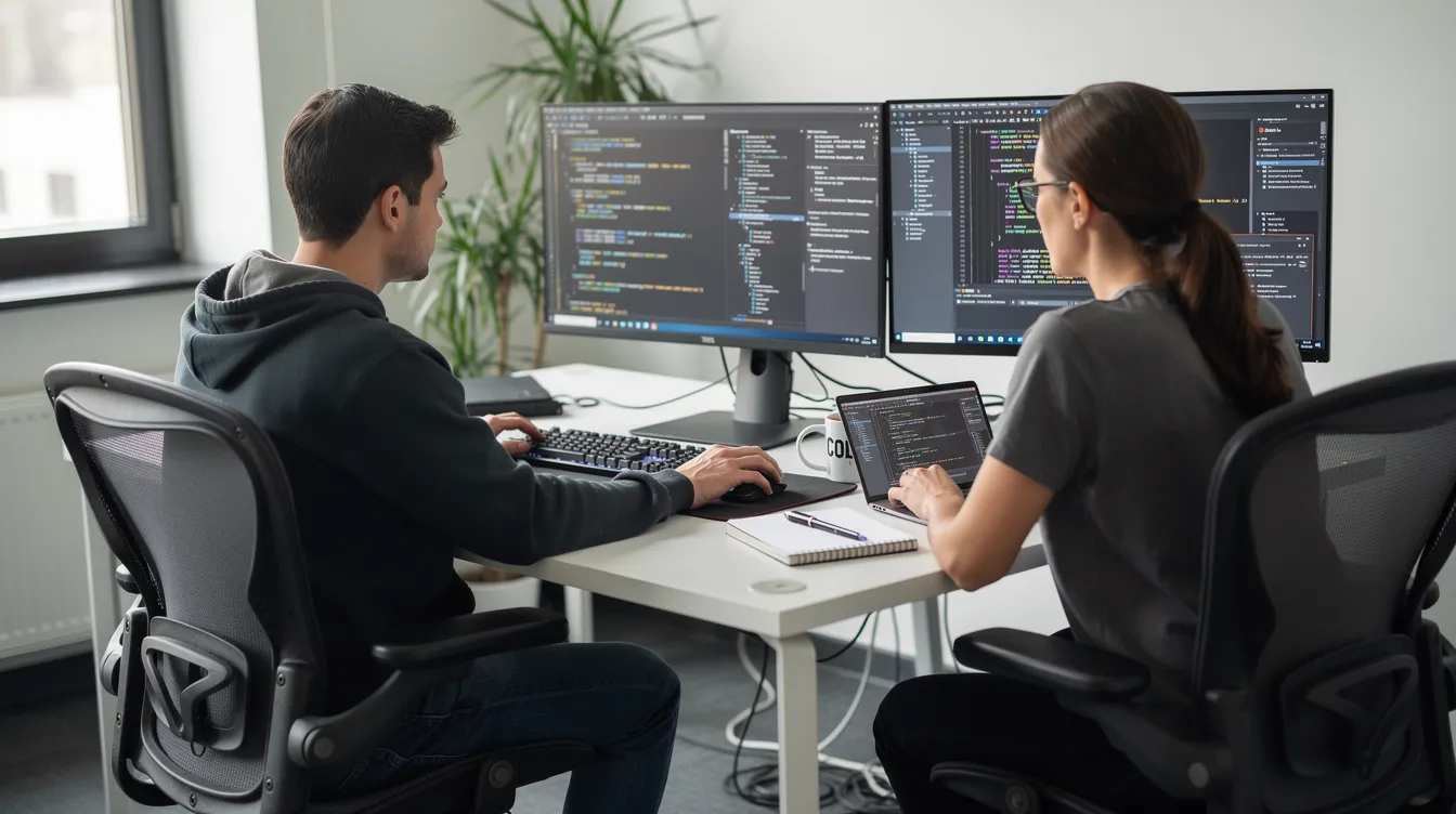 Two developers working side by side at their desks