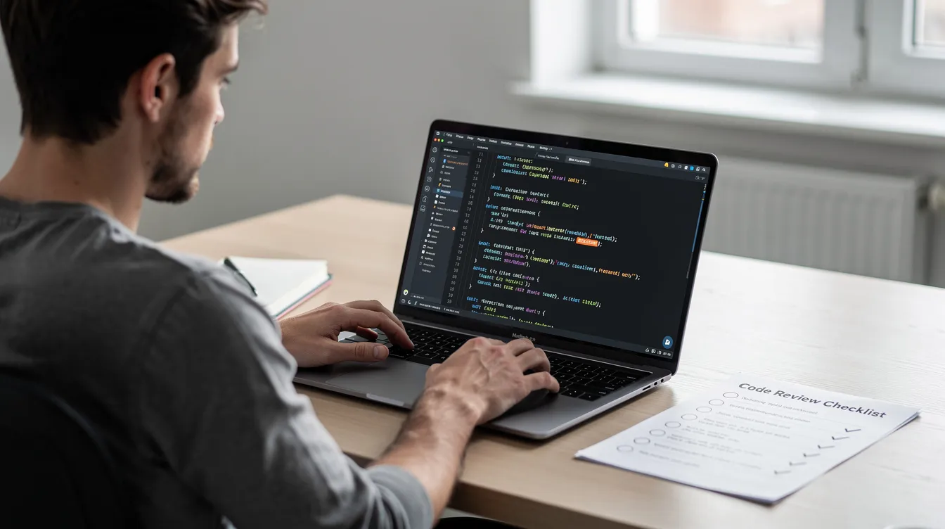 A person reviewing code changes on a laptop with a checklist beside them