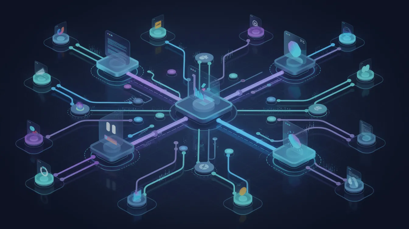 A network of connected nodes and cables representing software integrations and data flow