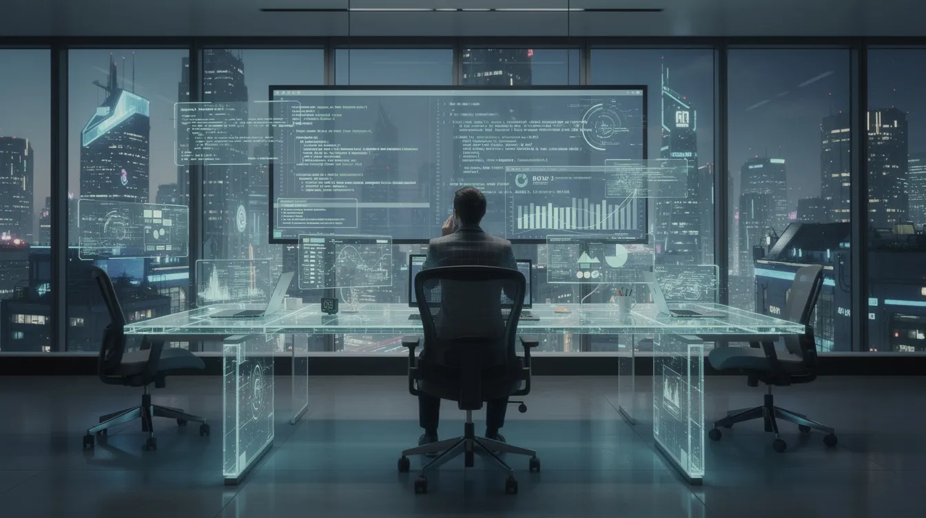 A person reviewing code changes on a large screen.