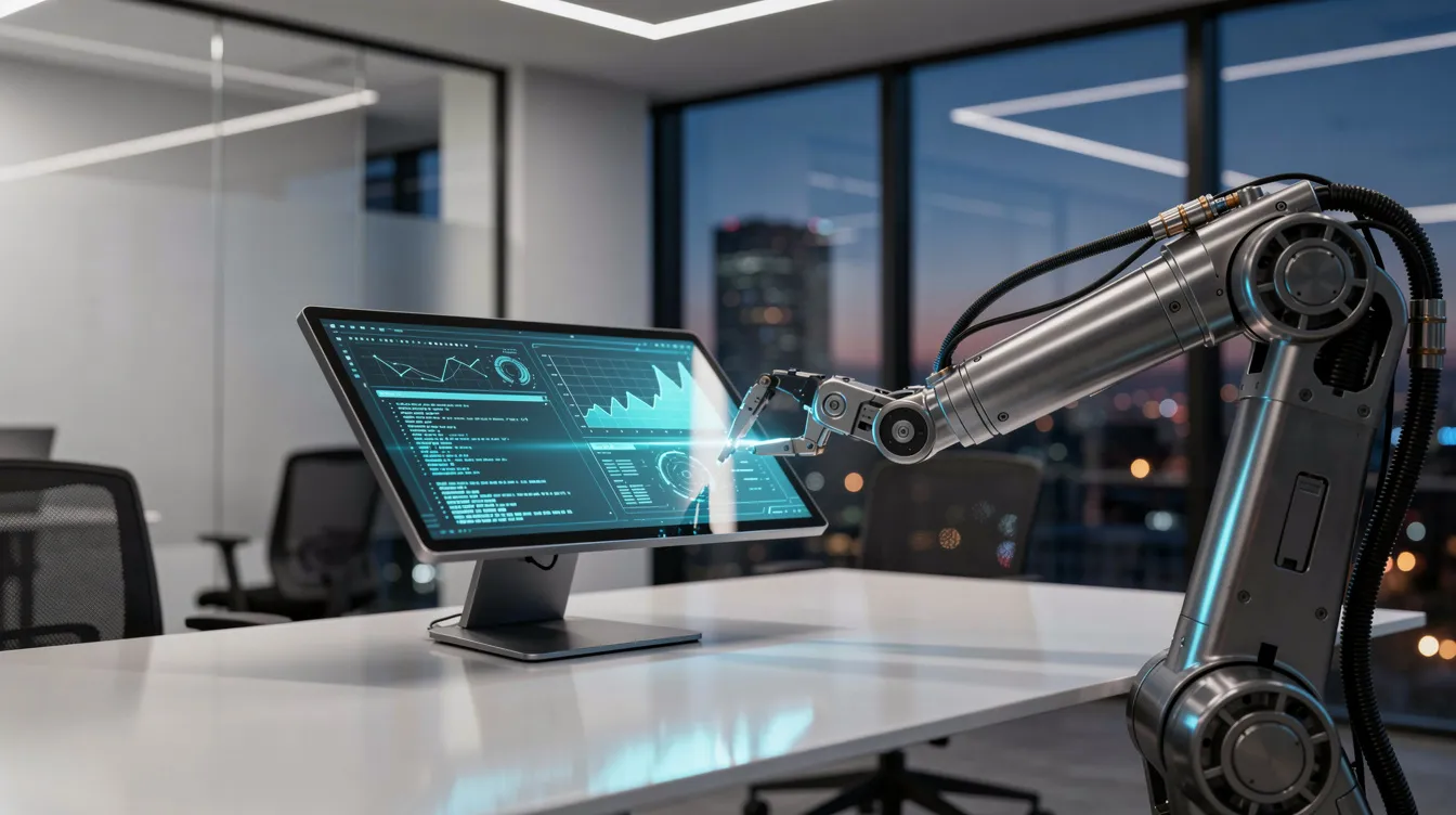 A robotic arm is skillfully interacting with a glowing computer terminal in a modern office environment, showcasing its advanced capabilities for performing complex tasks and assisting in software development. This scene highlights the integration of AI tools and agents, emphasizing improved performance in coding and knowledge work.