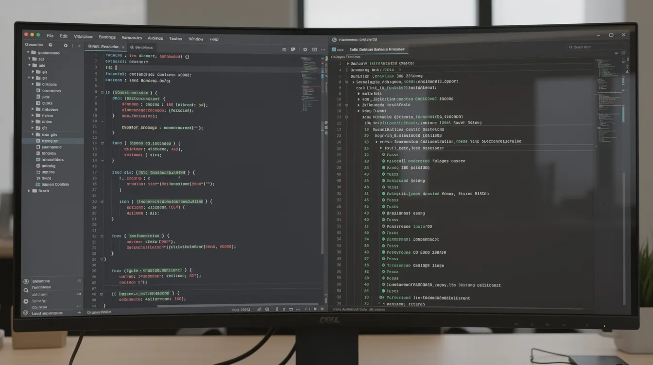 A split screen with a code diff on one side and a terminal running automated tests on the other.