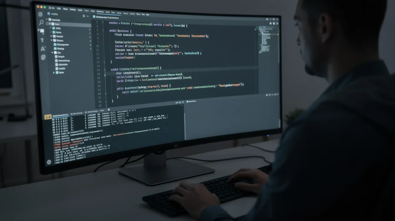 A developer coding in a dark-themed IDE