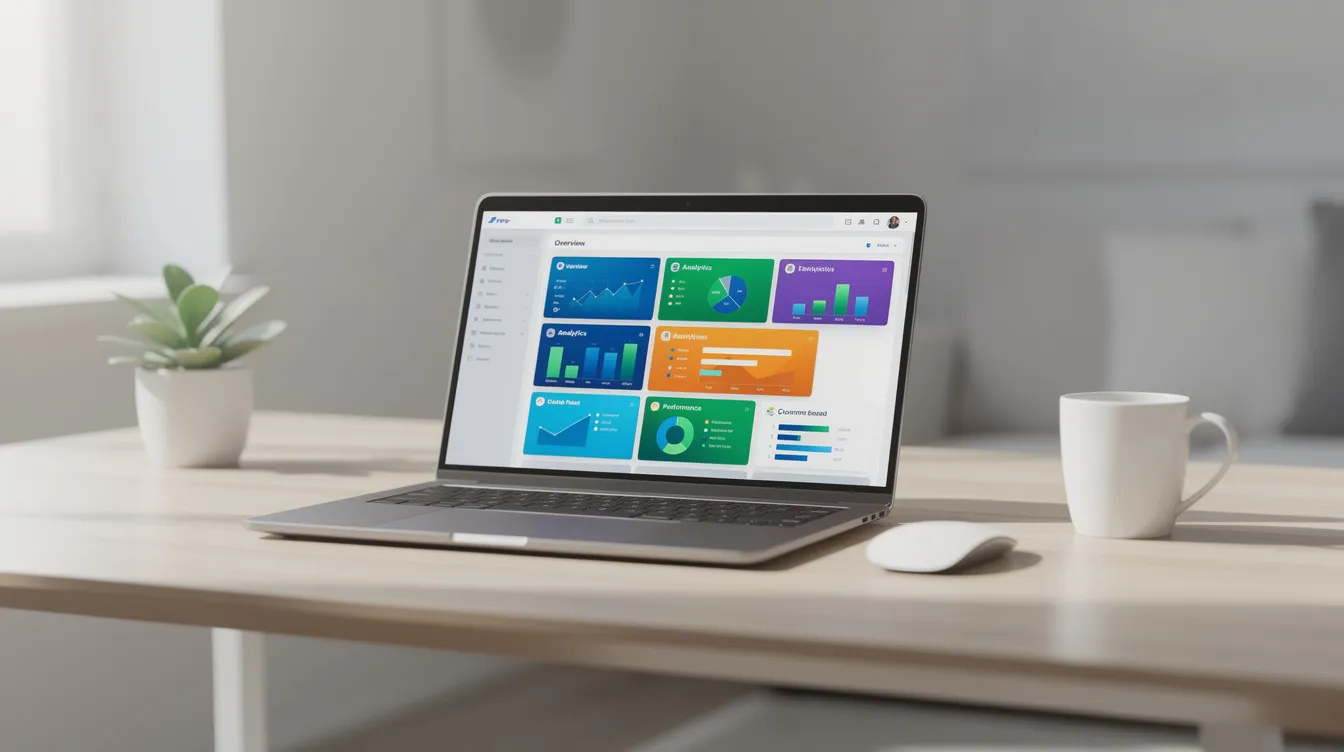 The image depicts a clean, modern workspace featuring a sleek desk and an open laptop displaying a vibrant dashboard interface, which likely showcases various metrics and data. This setup is ideal for users interested in managing their credits and plans, such as the free plan or paid plans offered by Lovable, making it suitable for both small teams and large organizations.