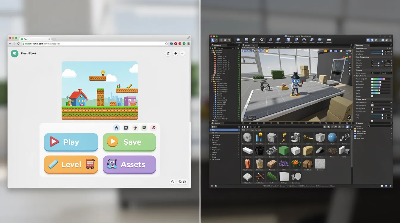 The image displays a split-screen view featuring a simple browser game editor on the left, showcasing easy drag-and-drop tools for game creation, and a professional game engine interface on the right, highlighting advanced features for developing complex game mechanics and interactive experiences. This contrast emphasizes the accessibility of creating your own game with a free AI game maker versus a more robust, no code game engine for serious game development.