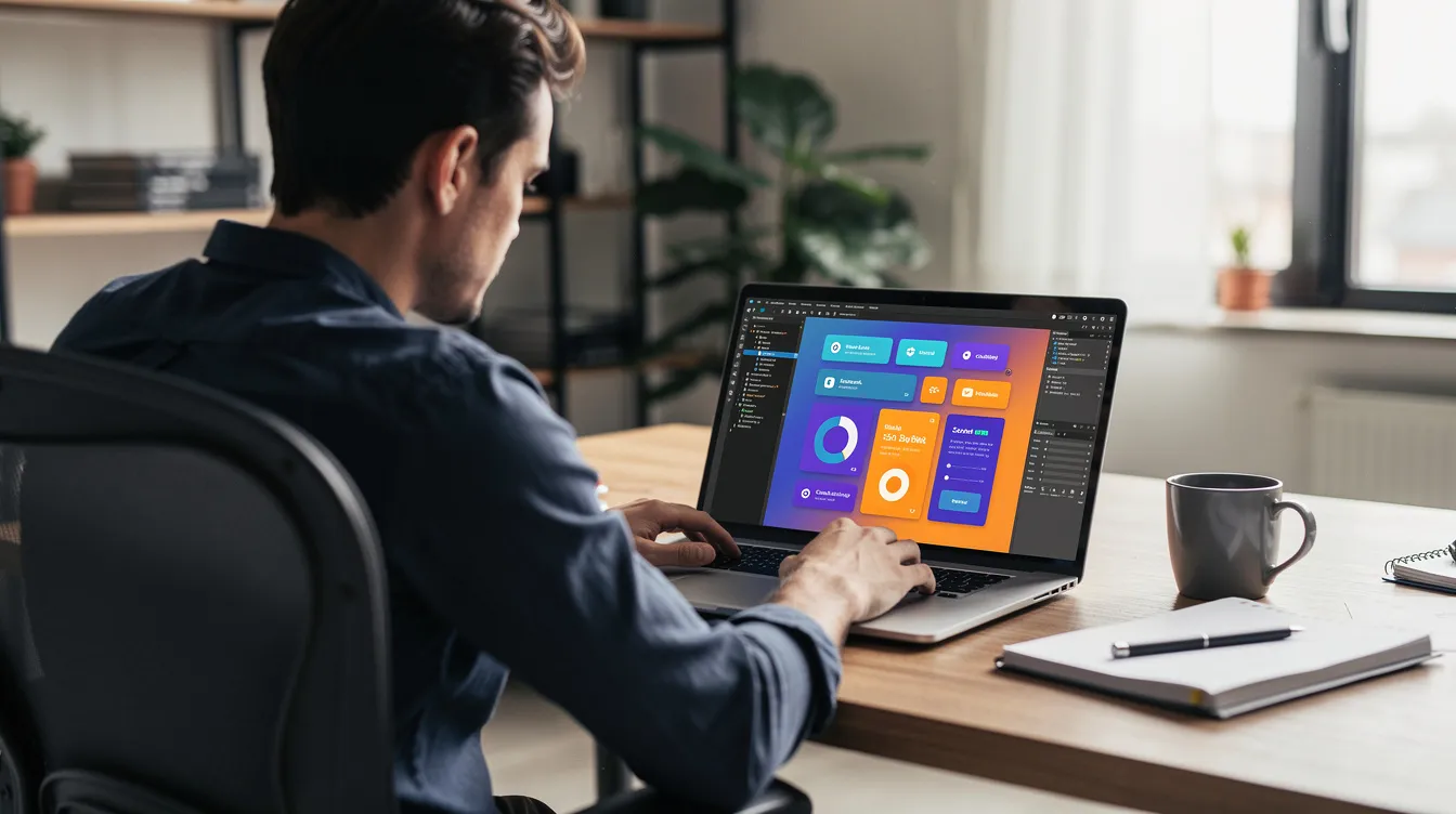 A developer working on UI components on a laptop