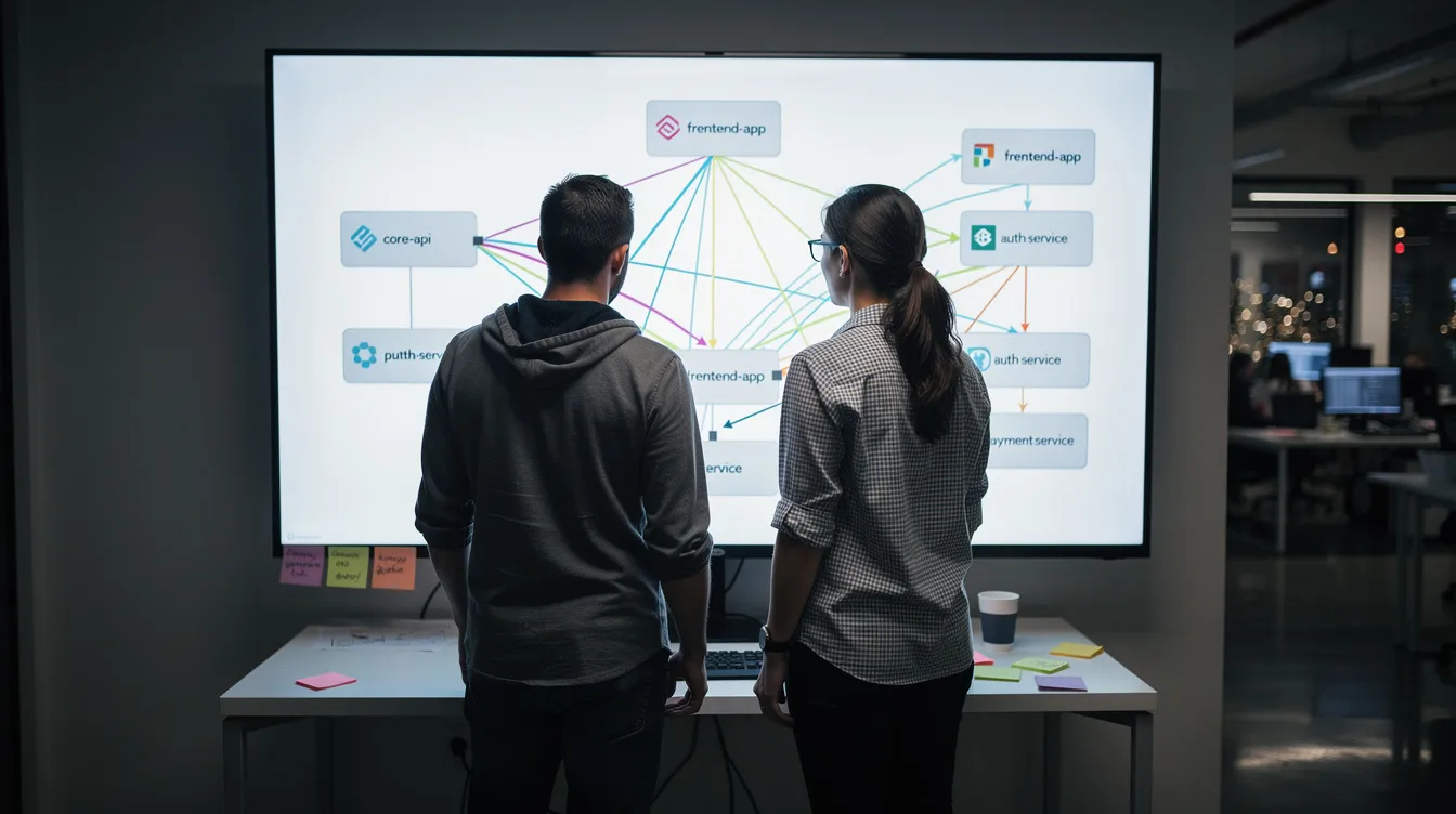 Two developers reviewing a diagram on a whiteboard
