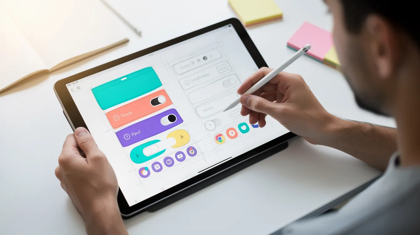 The image shows a person sketching a mobile app interface on a tablet, with colorful UI components displayed on the screen. This creative process highlights the development workflow for building web apps, possibly using an AI app builder or no code tool to facilitate the design.