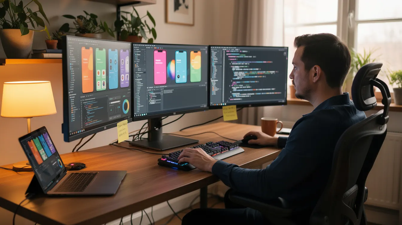 A developer is seated at a desk in a cozy home office, surrounded by multiple monitors displaying vibrant app interfaces and code editors, illustrating the process of creating functional apps for both iOS and Android platforms. The setup reflects a blend of advanced features and tools, emphasizing the ease of building AI-powered apps without extensive coding knowledge.