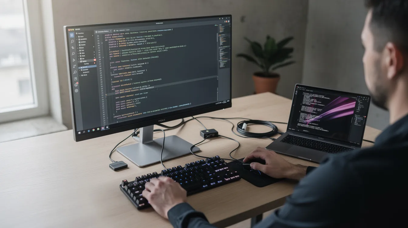 A workstation with a monitor, keyboard and a terminal window open, ready for a first session with a coding agent.
