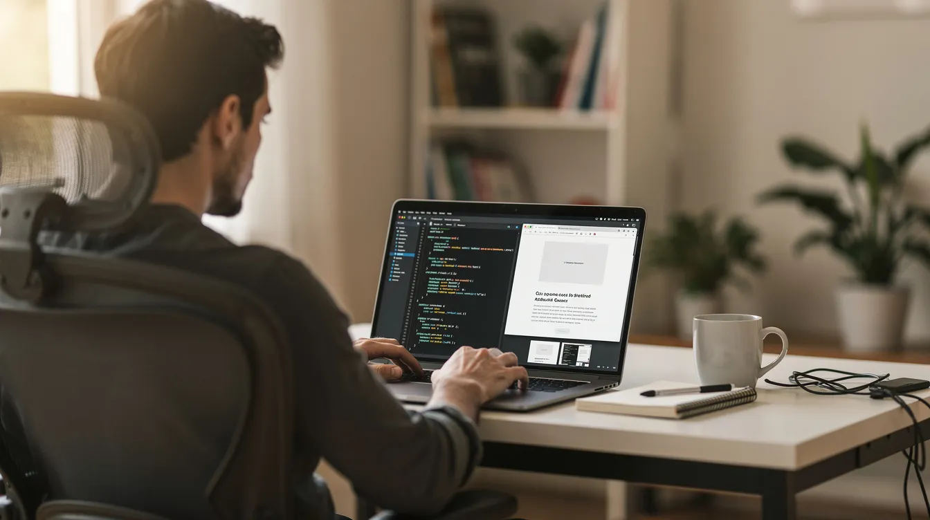 A developer at a laptop with a code editor on one side of the screen and a browser preview on the other