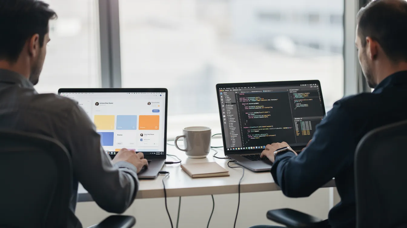 Two developers comparing an app preview and a code editor