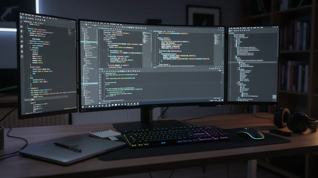 A developer workspace with several monitors showing code