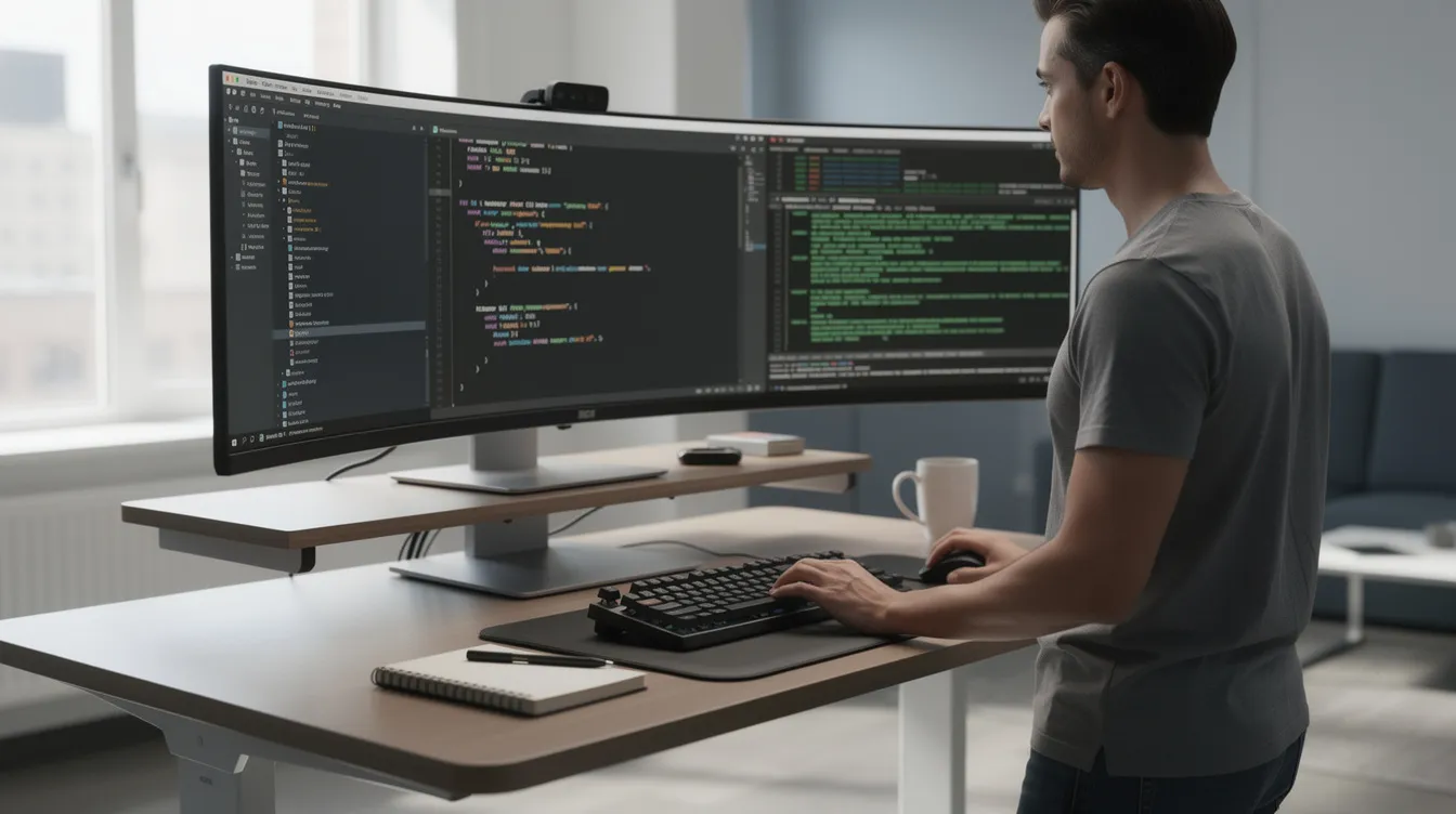 Two developers pair programming at a standing desk with a code editor and terminal on screen