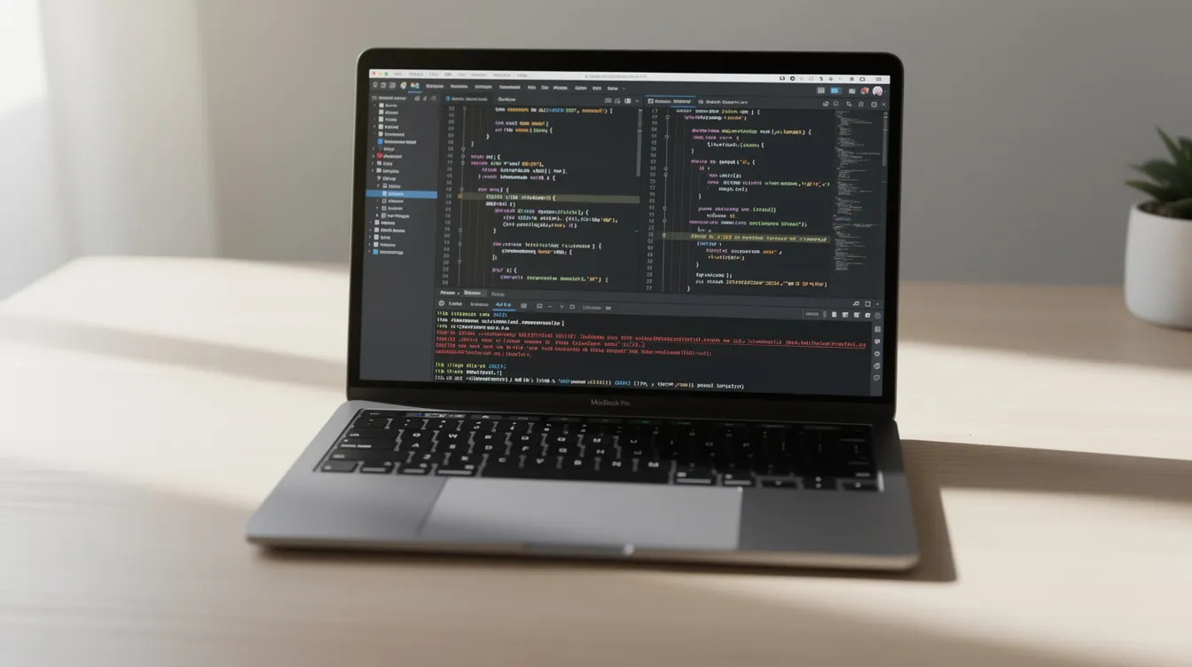 A laptop on a wooden desk showing an AI code editor with a terminal panel open