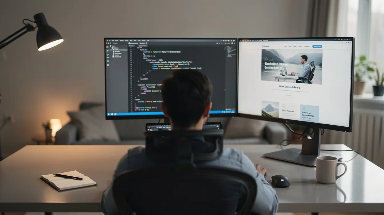 A developer with a code editor on one screen and a website preview on another