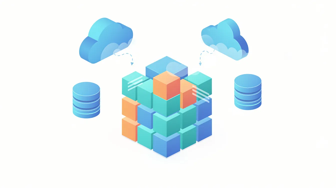 Building blocks connected to cloud and database icons