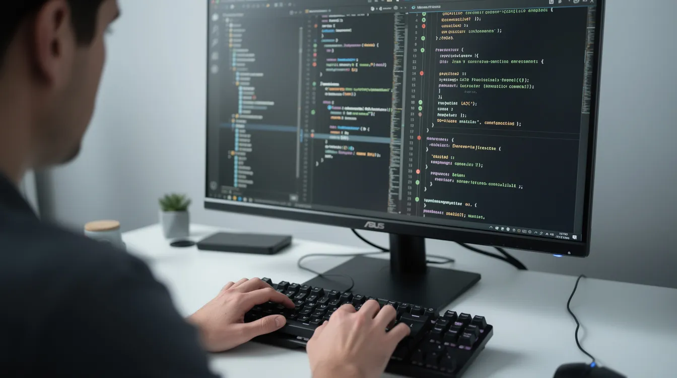 A developer typing at a keyboard with code changes across several files on a large monitor