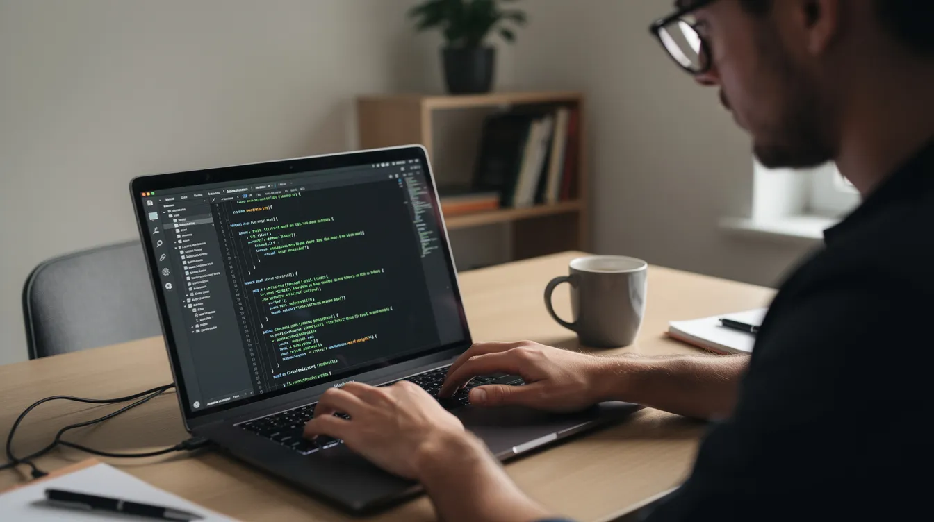A developer at a desk with a terminal open on a laptop, the kind of setup where a terminal-based AI coding agent like OpenCode runs.