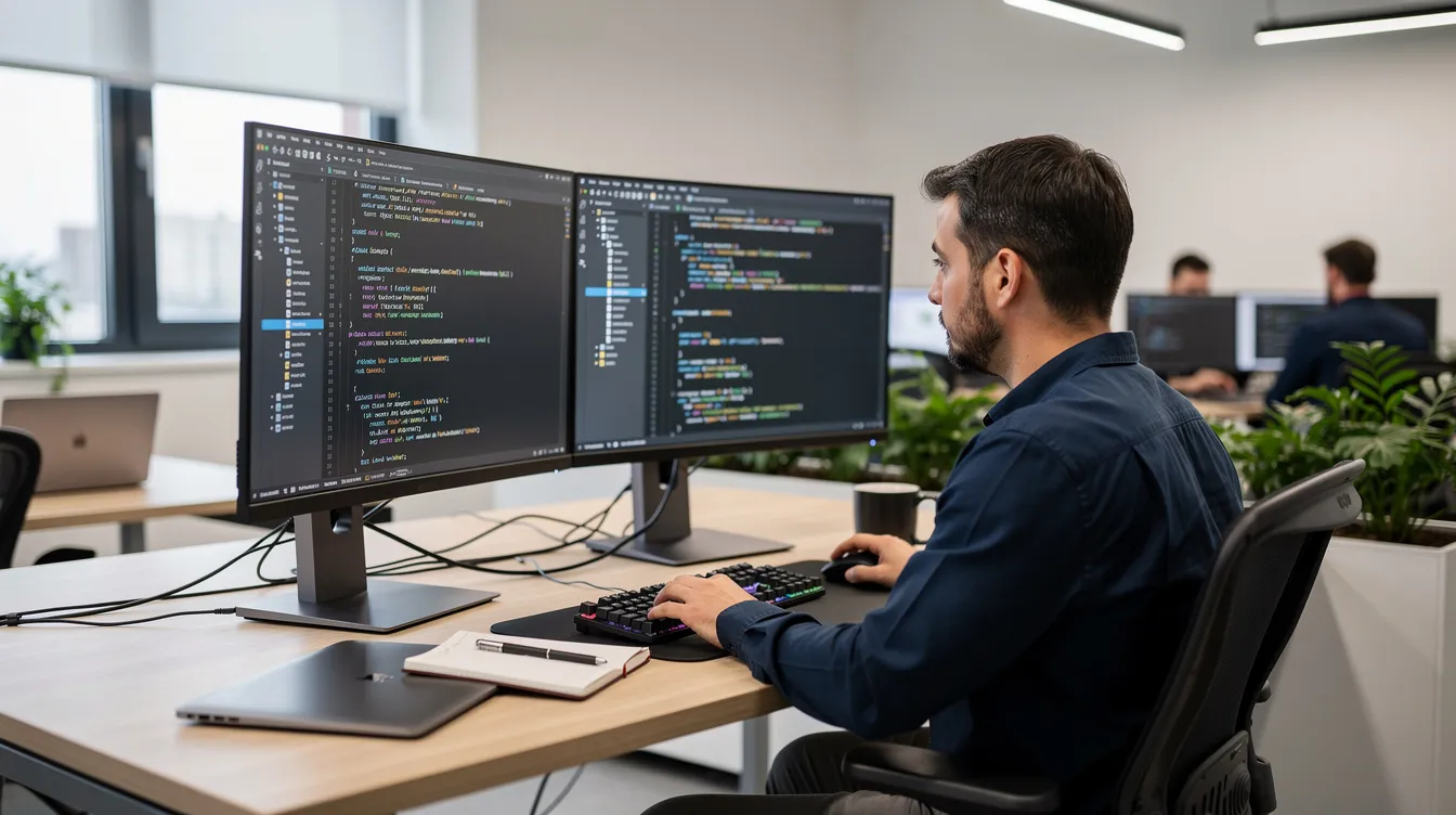 A developer at a desk with two monitors showing code