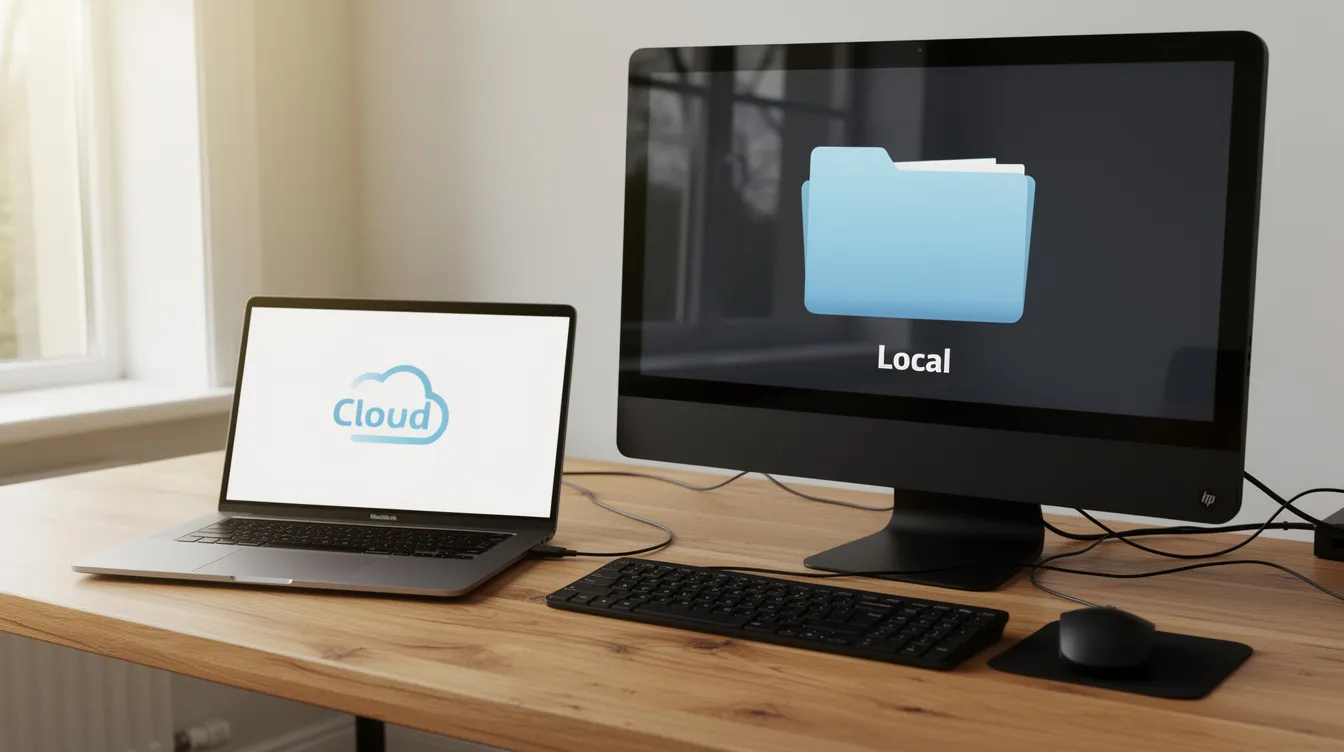 The image features a laptop and a desktop computer placed side by side on a wooden desk, illustrating the contrast between local computing and cloud-based options. This setup highlights the versatility of coding models, from open weight coding models to local hardware solutions, emphasizing the diverse tools available for software engineering and coding tasks.