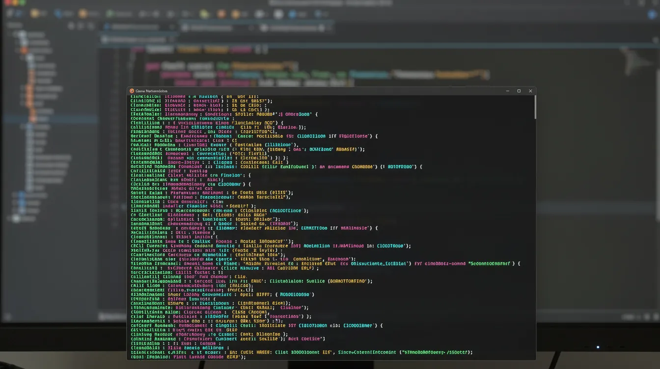 A terminal window with colorful output in front of a dark code editor