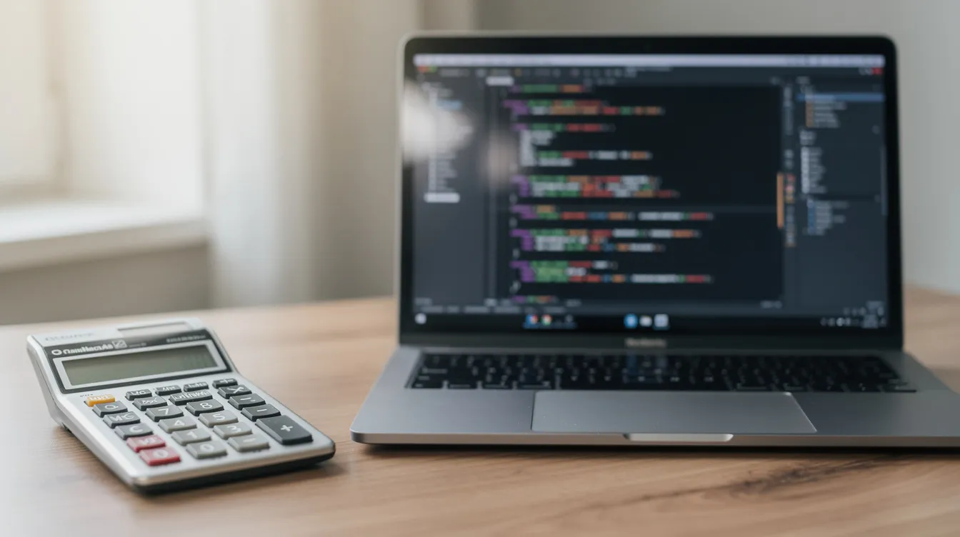 The image depicts a calculator placed on a desk beside a laptop, which displays lines of code on its screen. This setup suggests a workspace focused on programming, possibly related to API usage and token pricing in production AI systems.