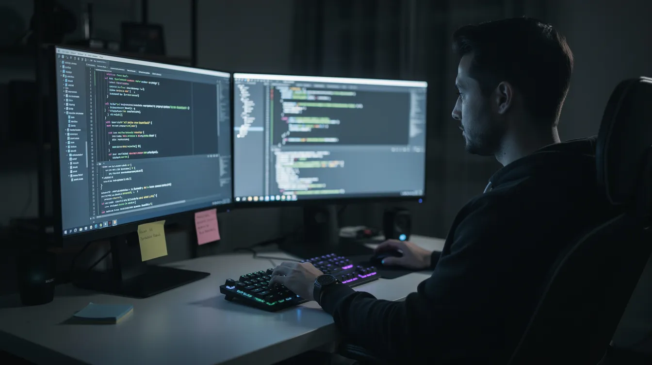 The image depicts a developer seated at a desk in a dimly lit room, focused on dual monitors displaying lines of code, indicative of active software engineering and coding tasks. The atmosphere suggests a concentrated thinking mode, ideal for working with advanced coding models and generating code efficiently.