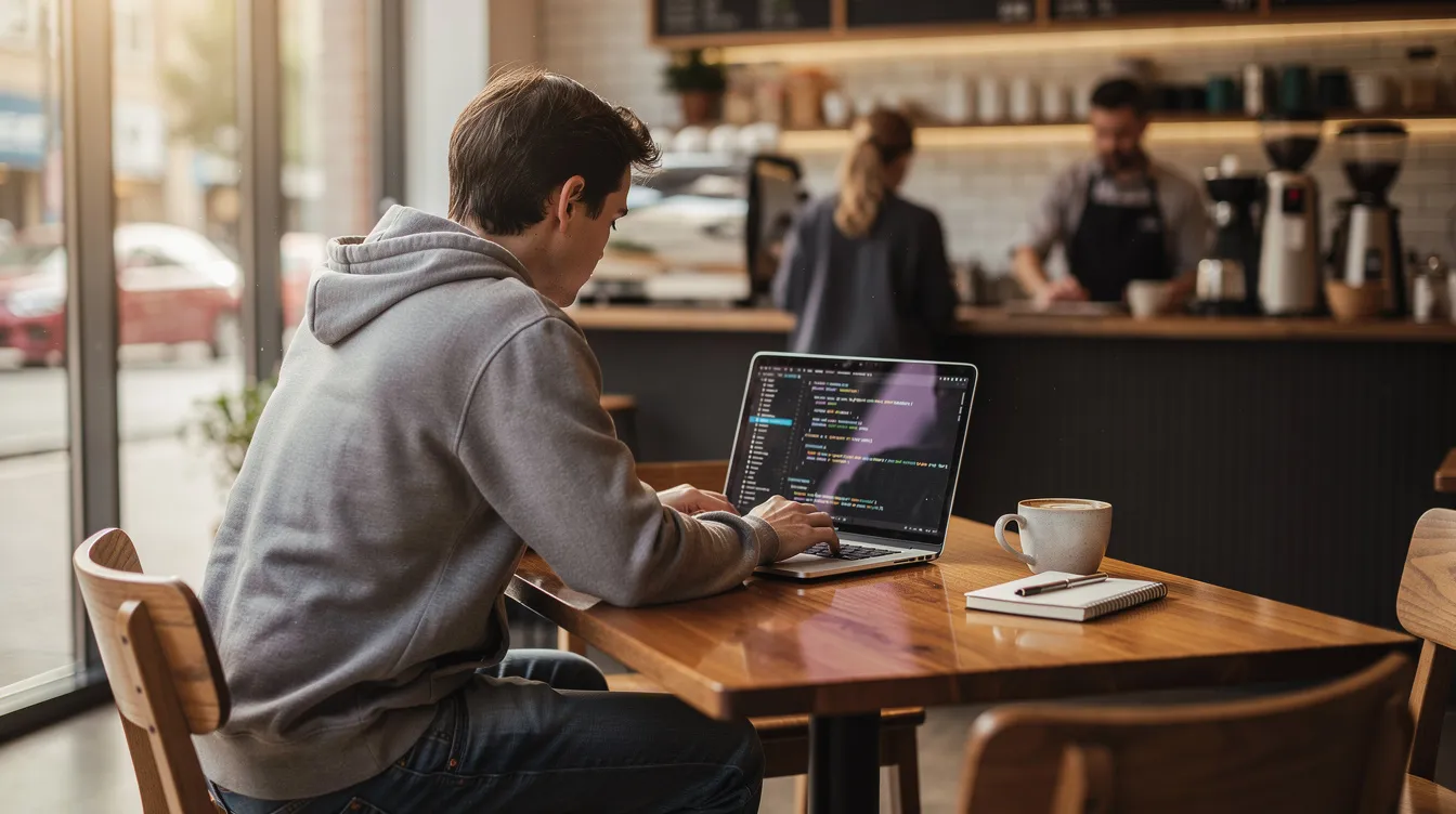 A person is casually coding on a laptop in a cozy coffee shop, illuminated by natural lighting, creating a relaxed atmosphere for productivity. The scene captures the essence of solo developers working on hobby projects, surrounded by the comforting ambiance of a bustling café.