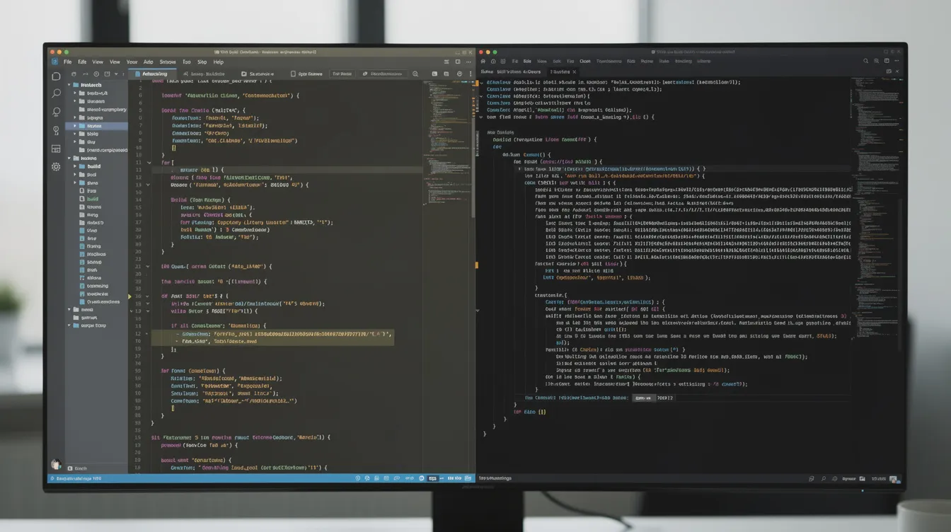 The image displays a split-screen view featuring a code editor on the left side, showcasing multiple files and code generation, while the right side displays a terminal running build commands, illustrating a development workflow. This setup highlights a full development environment that could be part of cloud-based development environments or replit alternatives for collaborative projects.