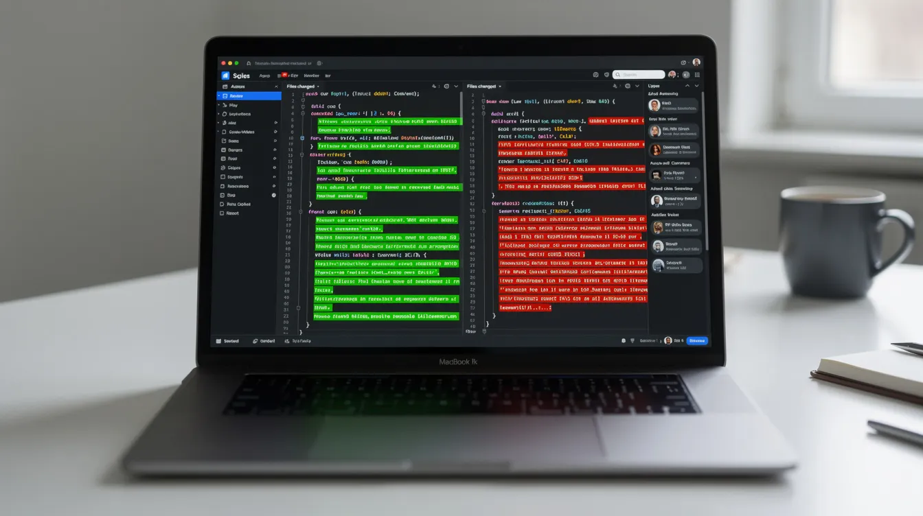 A laptop showing a code diff with added and removed lines