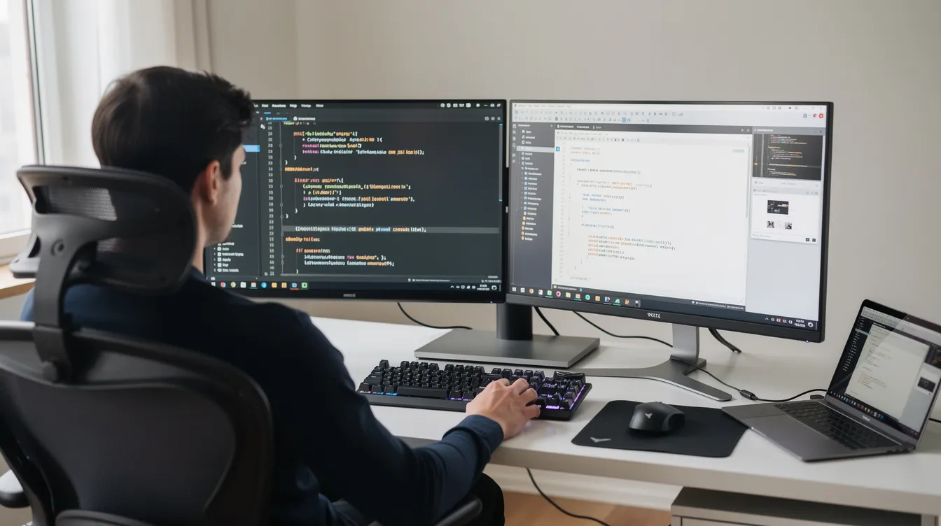 A developer using two monitors with different code editors
