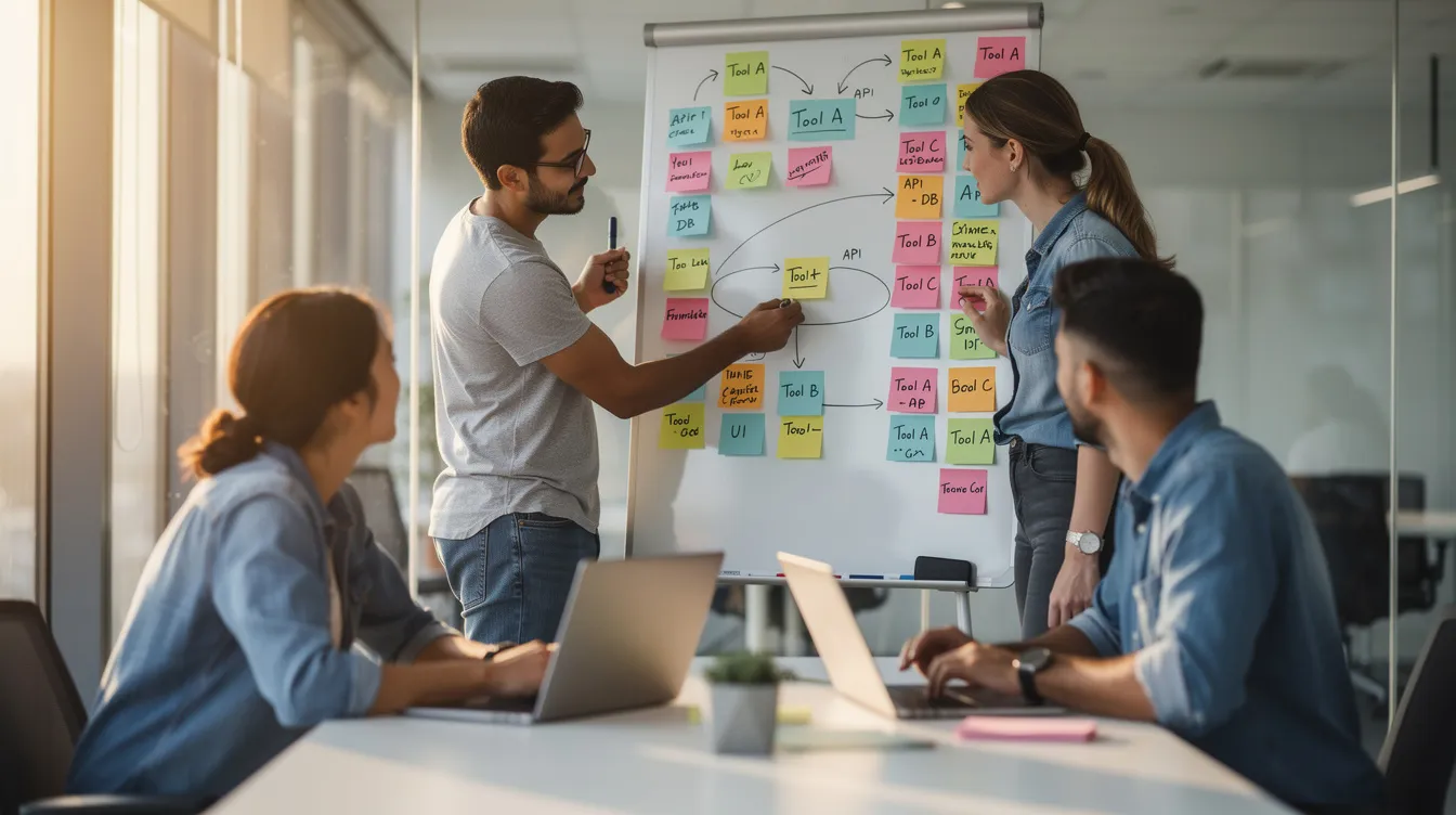 A small team planning an app on a whiteboard with sticky notes