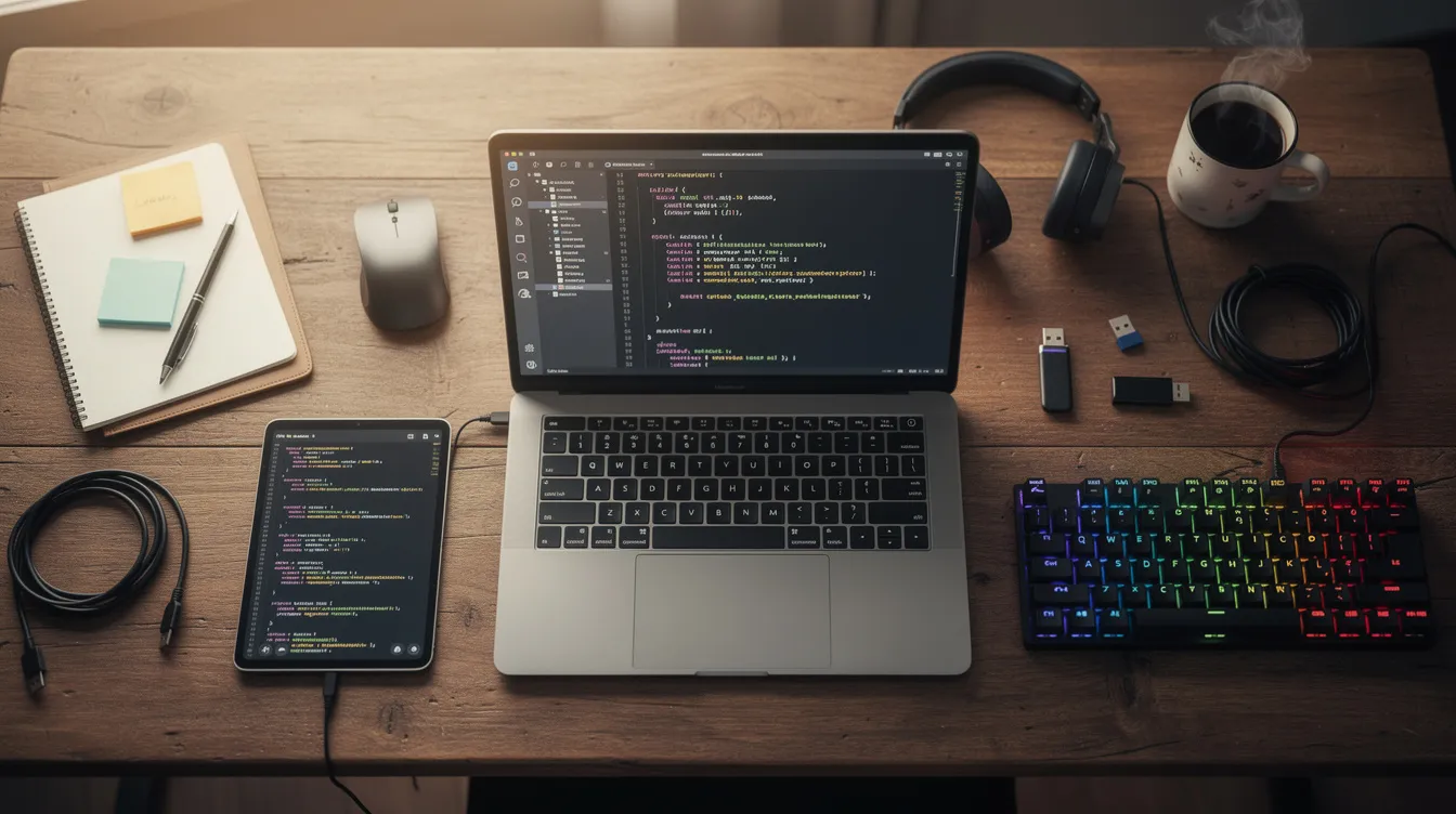 A tidy developer desk with a laptop, tablet and keyboard