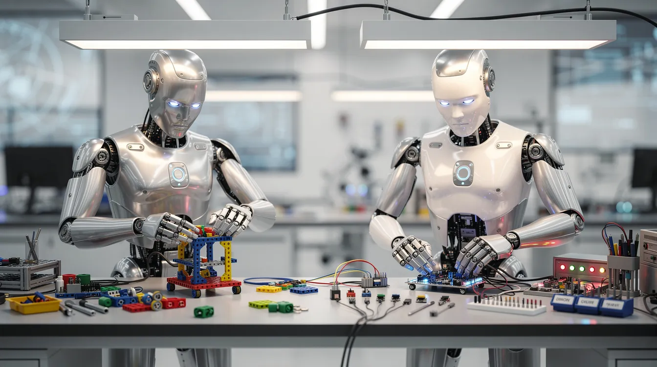 Two robot assistants working at separate workbenches