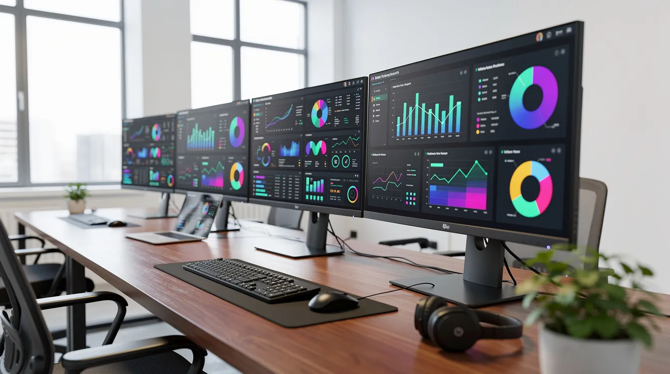 The image features multiple computer monitors on a sleek desk, showcasing vibrant data charts and graphs, indicative of a modern office environment focused on artificial intelligence and data analysis. The colorful displays suggest the use of advanced reasoning models and AI tools for analyzing trends and performance metrics.