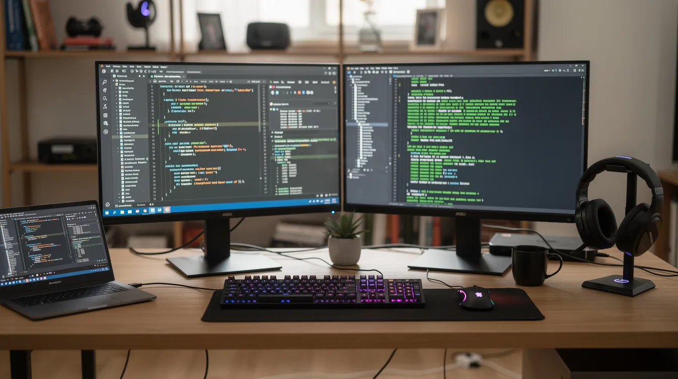 A developer's desk with two monitors, one showing a code editor and the other a terminal.