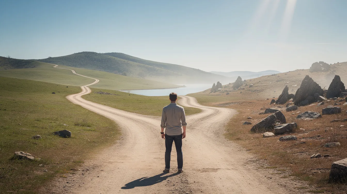 A person at a crossroads choosing between two paths