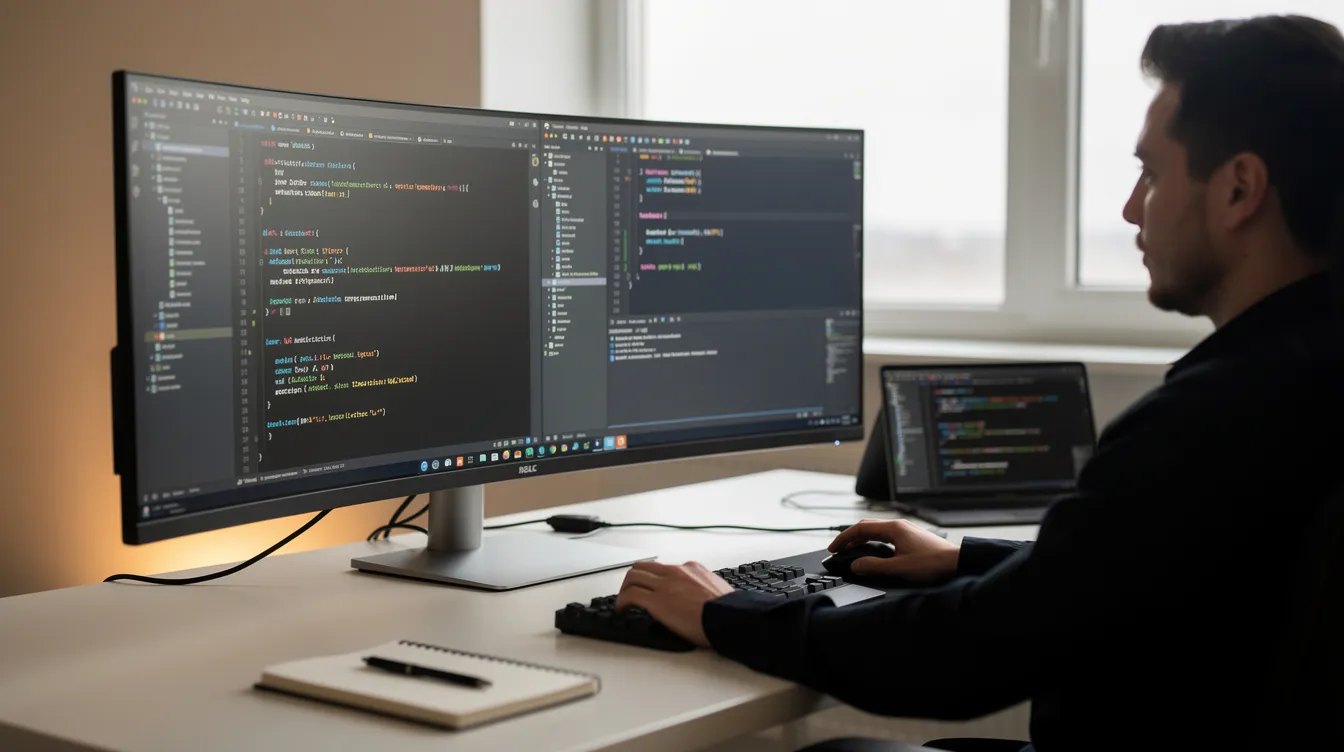 A developer at a desk with a wide monitor showing several code windows in a code editor