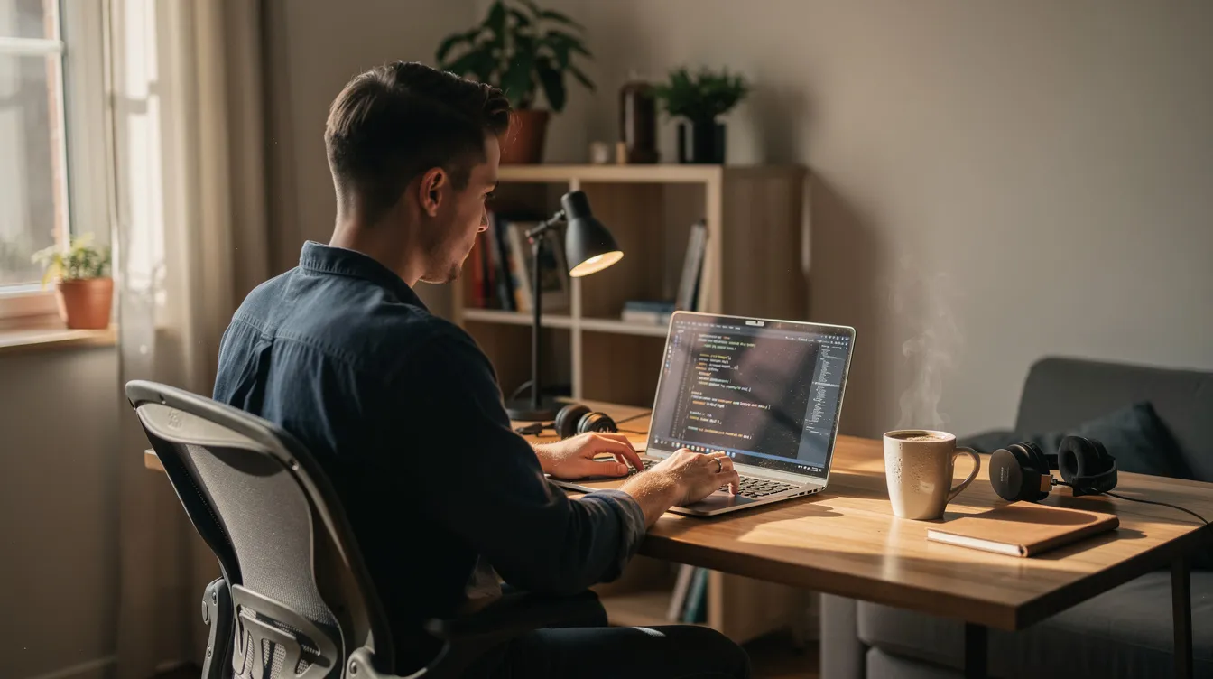 A person coding on a laptop in a home office