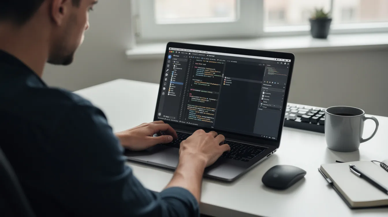 A developer using a code editor with extension panels open