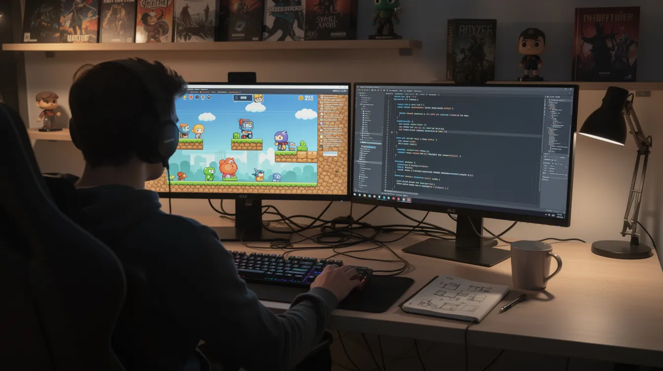 A solo game developer working across dual monitors