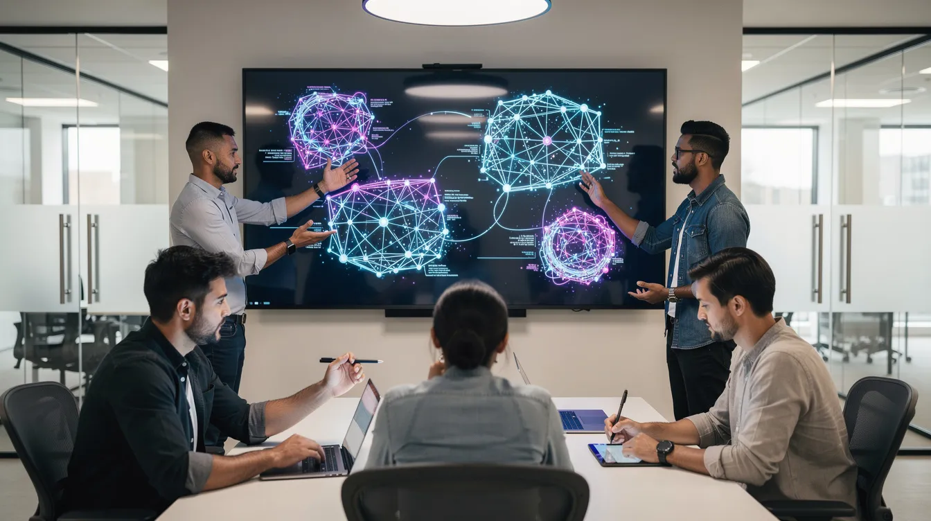 A diverse team of developers collaborates around a large screen, which displays intricate abstract network diagrams related to software development. They focus on complex tasks, utilizing advanced features of AI tools to enhance their coding tasks and improve performance in their project.