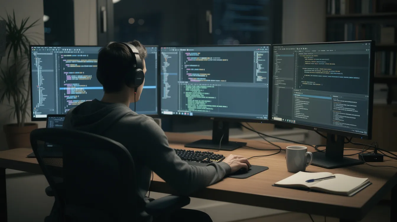 A developer at a desk with several monitors showing a code editor, terminal windows and coding tasks