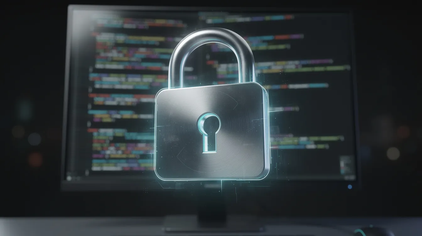 A padlock over a screen of code, representing code security